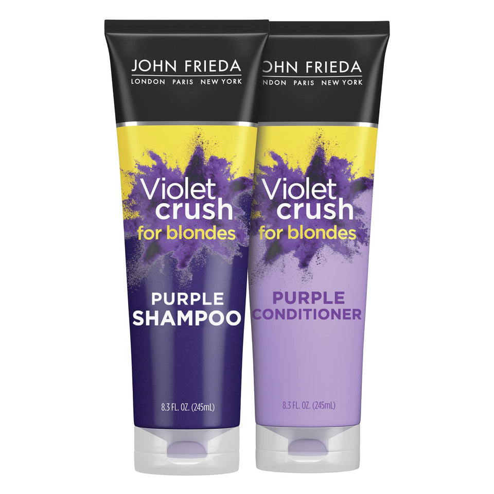John Frieda bottle front view showing packaging and purple shade benefit: neutralizes brassiness