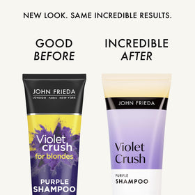 John Frieda purple shampoo pouring to show creamy violet texture and toning power