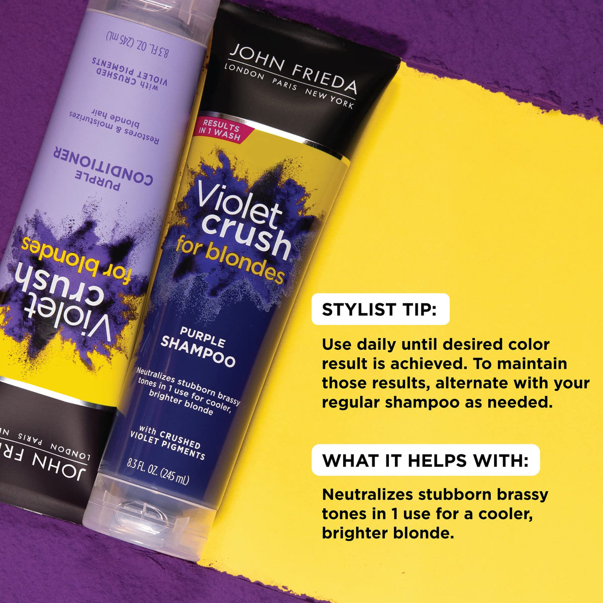 Close-up of violet shampoo lather by John Frieda showing pigment-rich texture and gentle cleanse