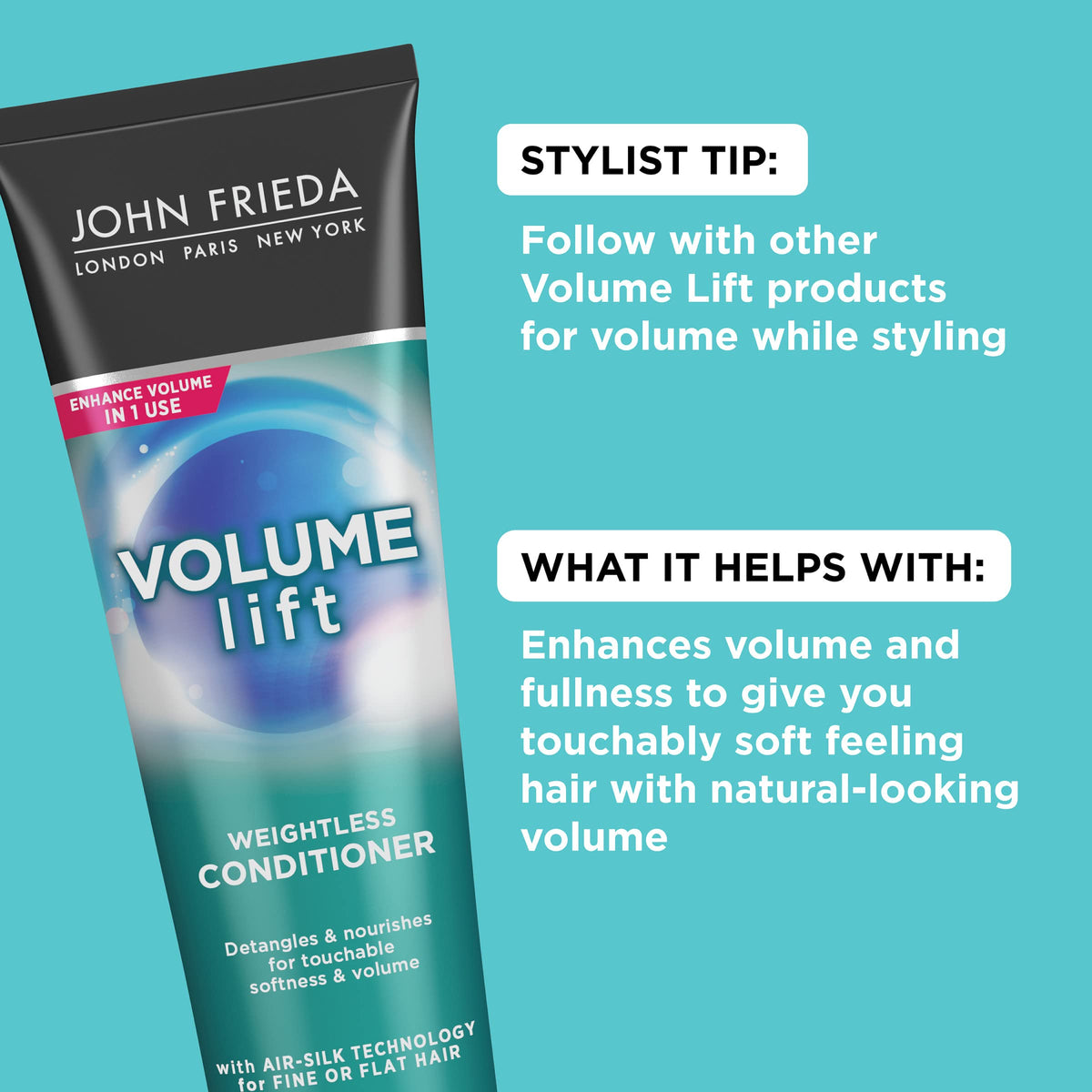 Close-up of John Frieda label highlighting Air-Silk Technology benefit