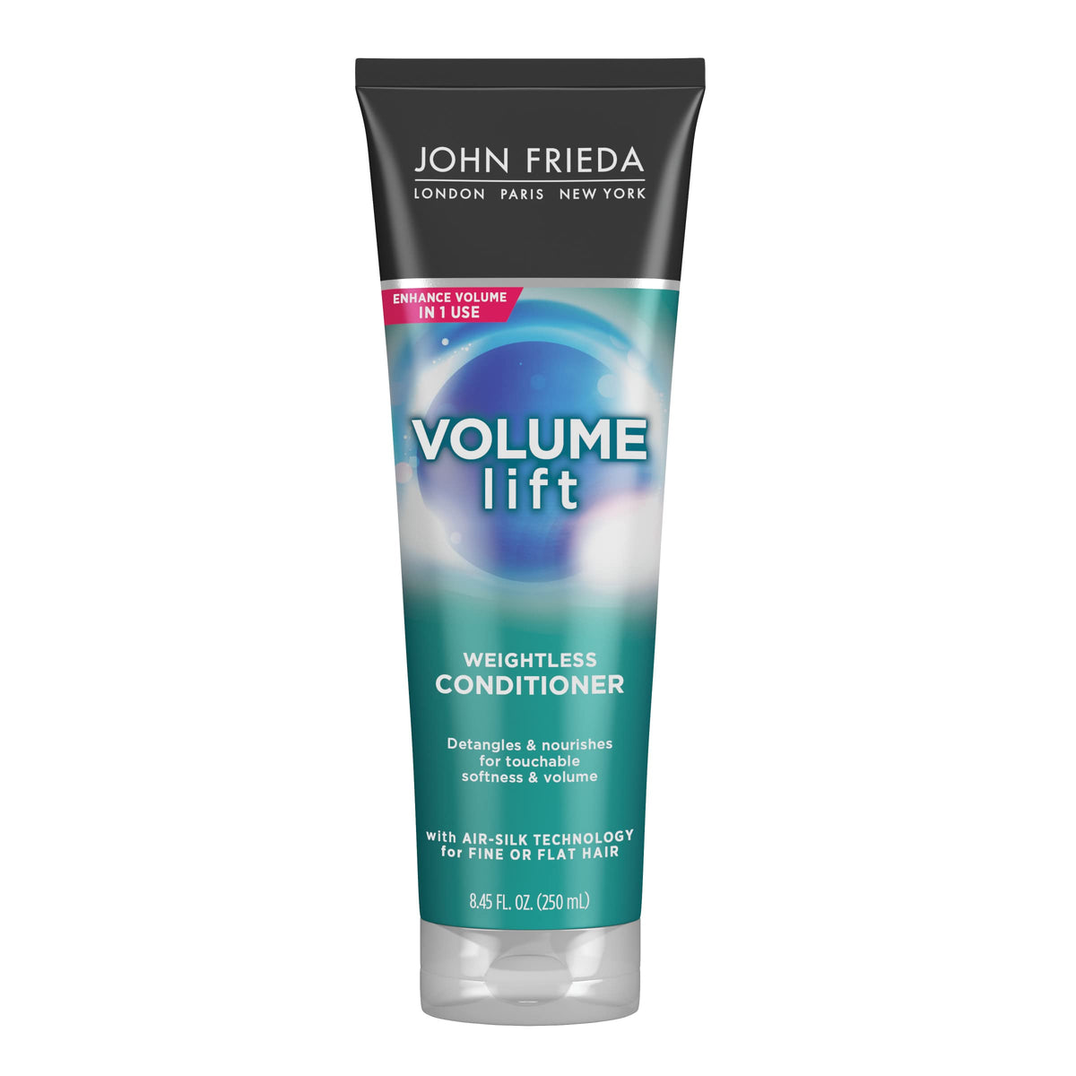 John Frieda bottle front view showing lightweight volumizing benefits