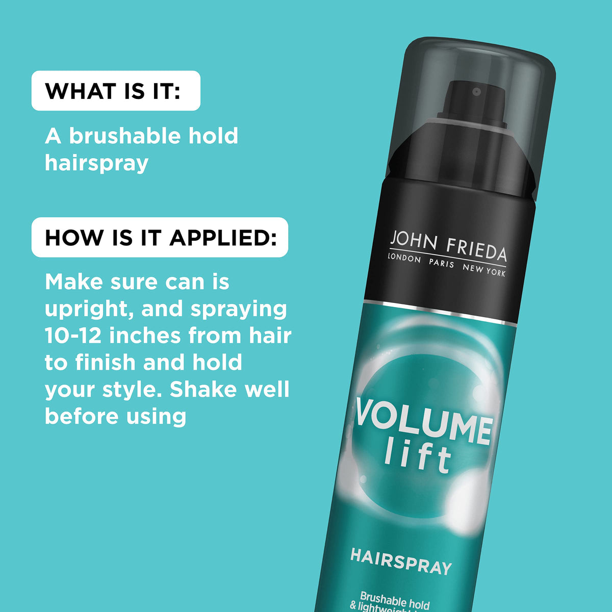 John Frieda 10 oz size comparison displays travel-friendly volumizing hairspray