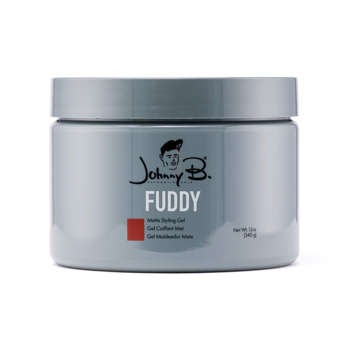 JOHNNY B. front jar showing matte styling gel and clear branding benefit