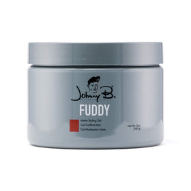 JOHNNY B. front jar showing matte styling gel and clear branding benefit