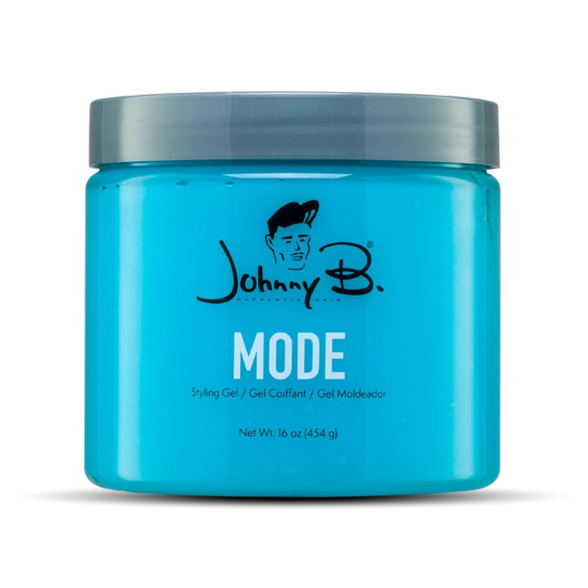 JOHNNY B. Mode front label showing product name and 16 oz size with clear benefits