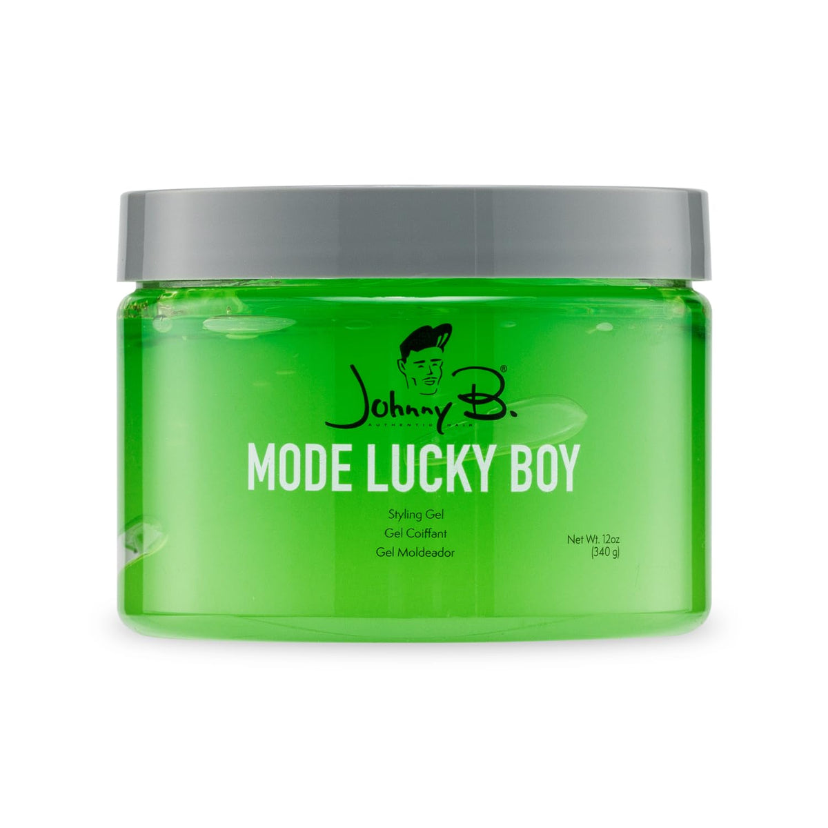 JOHNNY B. front packaging showing 12 oz jar and green gel for instant shine