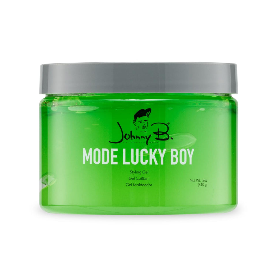 JOHNNY B. front packaging showing 12 oz jar and green gel for instant shine