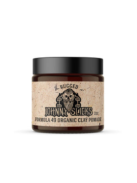 Johnny Slicks jar front view showing rugged label and compact size benefit