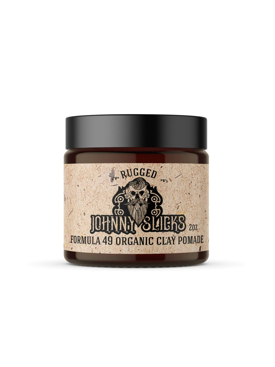 Johnny Slicks jar front view showing rugged label and compact size benefit
