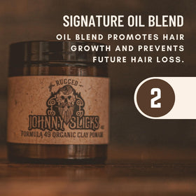 Product label listing woodsy scent notes showcasing Johnny Slicks aroma profile