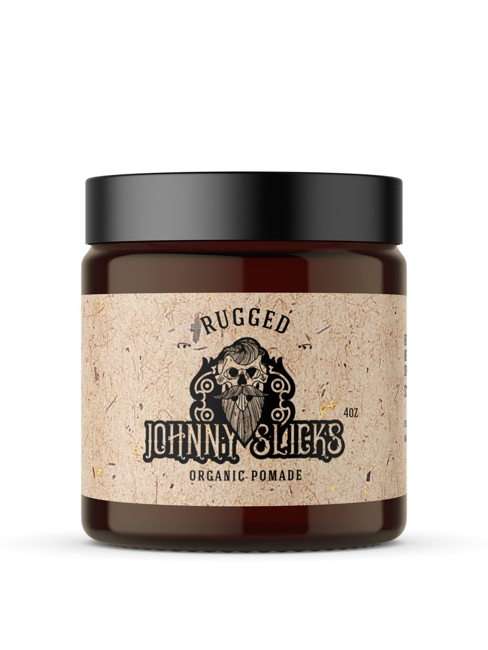Johnny Slicks jar front view showing rugged label and 4 oz size benefit