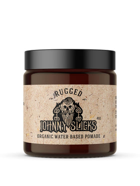 Johnny Slicks front jar Rugged scent showing label and strong hold branding