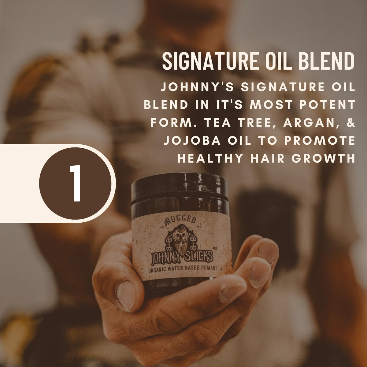 Johnny Slicks ingredient display with beeswax and oils highlighting natural formulation