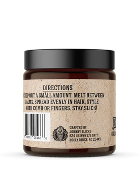 Johnny Slicks label close-up displaying organic ingredients and trust benefit
