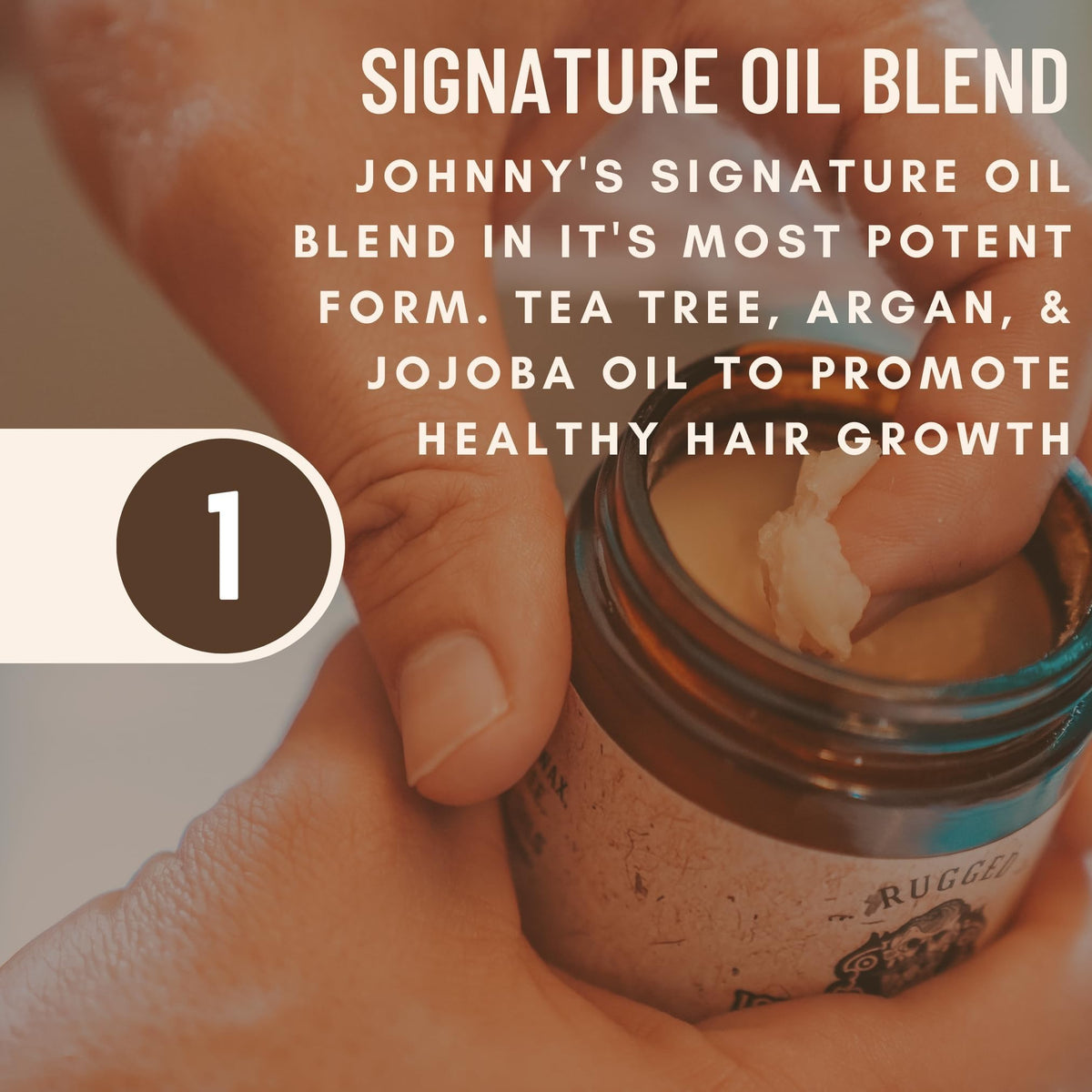 Johnny Slicks ingredient bottles display highlighting organic oils benefit