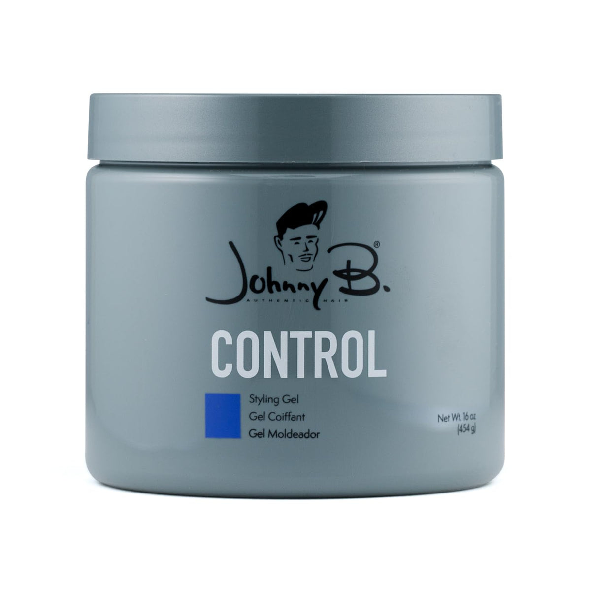 JOHNNY B. front label of 16 oz jar showing product name and strong hold benefit
