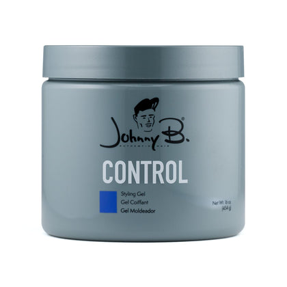 JOHNNY B. front label of 16 oz jar showing product name and strong hold benefit