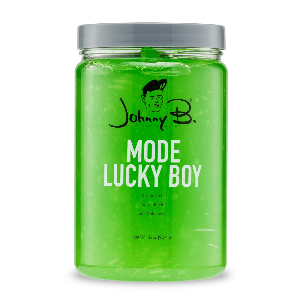 JOHNNY B. front packaging showing 32 oz container and green gel shine benefit
