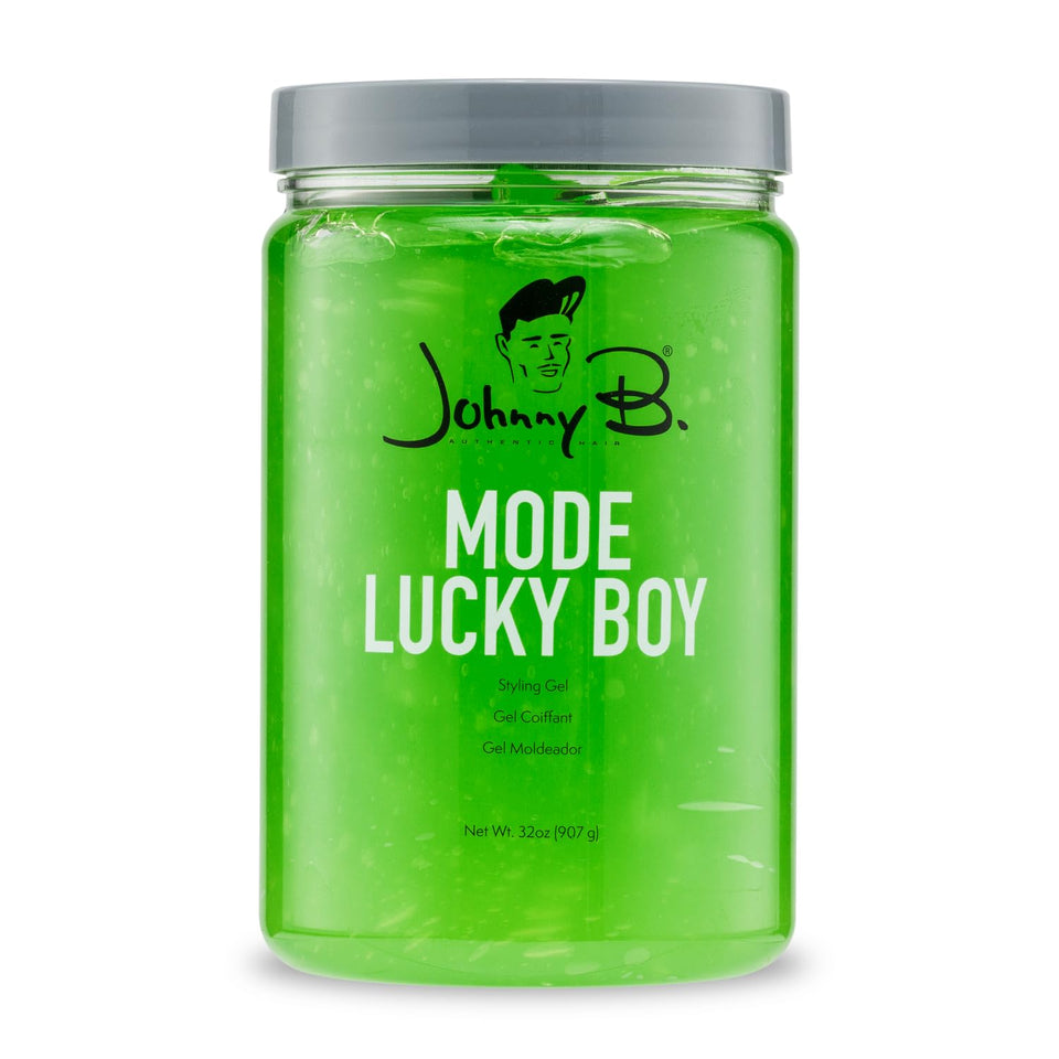 JOHNNY B. front packaging showing 32 oz container and green gel shine benefit