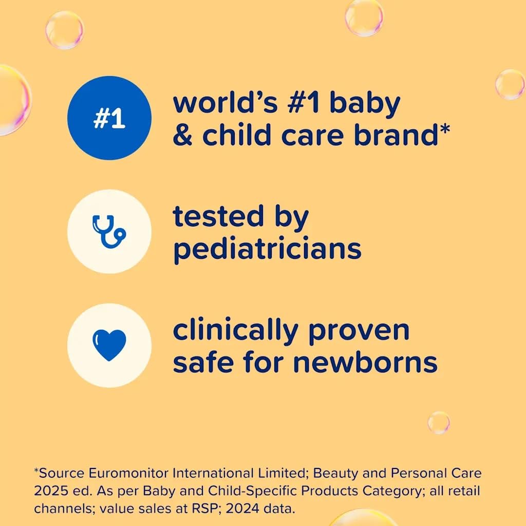 Johnson's Baby label showing ingredient highlights and safety testing