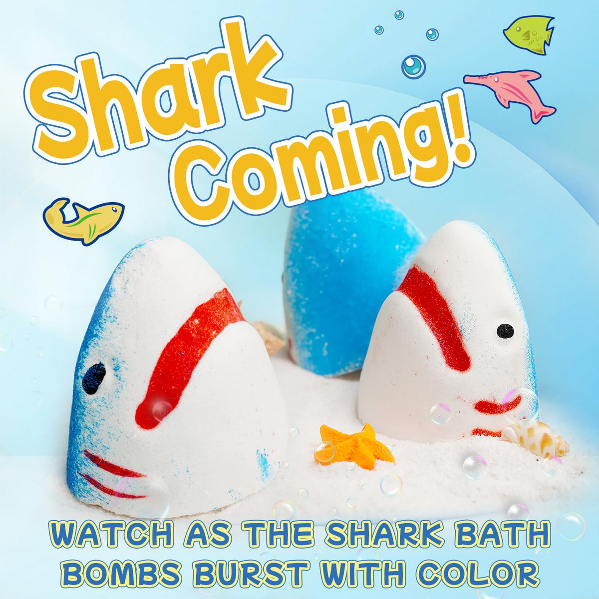 JOI MEW close-up of shark bath bomb texture emphasizing gentle ingredients