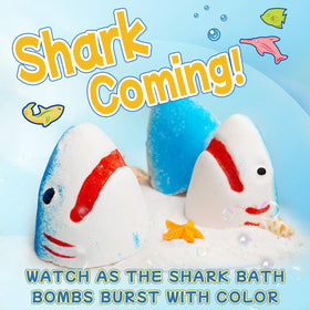 JOI MEW close-up of shark bath bomb texture emphasizing gentle ingredients