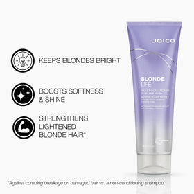 Joico Blonde Life conditioner bottle close-up emphasizing formula for detangling and shine