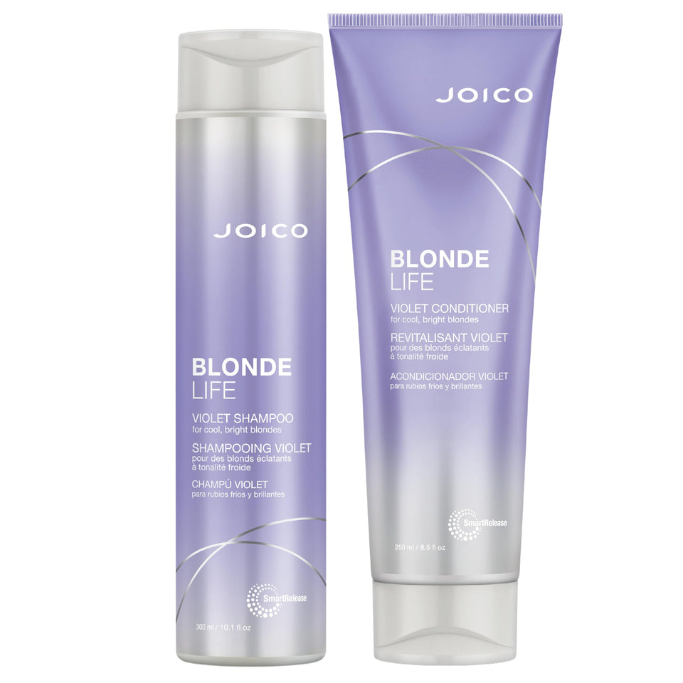Joico Blonde Life front packaging showing violet shampoo and conditioner for brass control