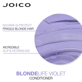 Model rinsing wet hair with Joico Blonde Life showing visible brass-neutralizing action