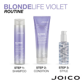 Hand holding Joico Blonde Life bottles to show true product size and travel-friendly scale