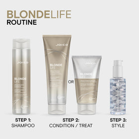 Joico Blonde Life 8.5 fl oz bottle next to common object showing scale