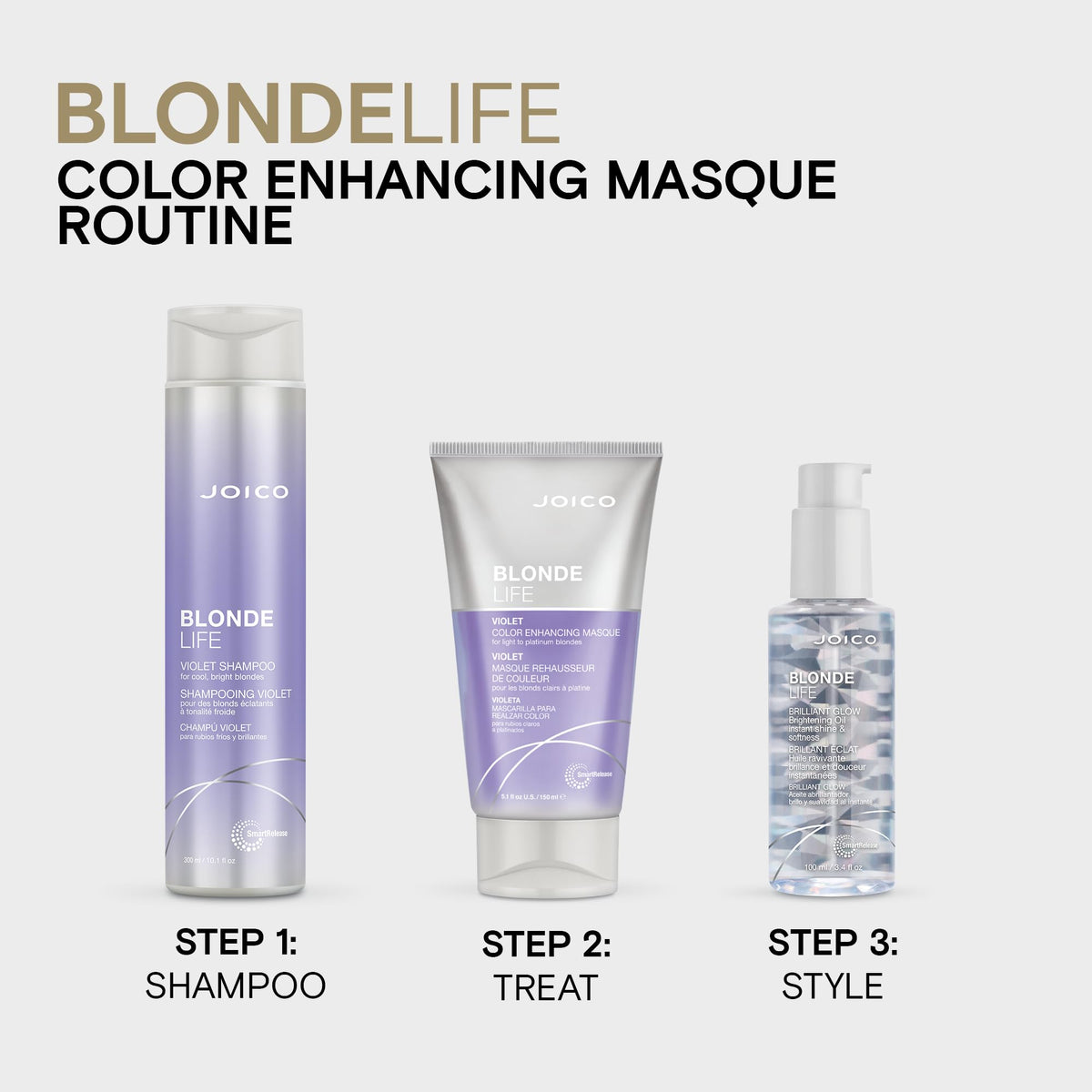 Joico Blonde Life bottle held in hand for scale showing travel-friendly size