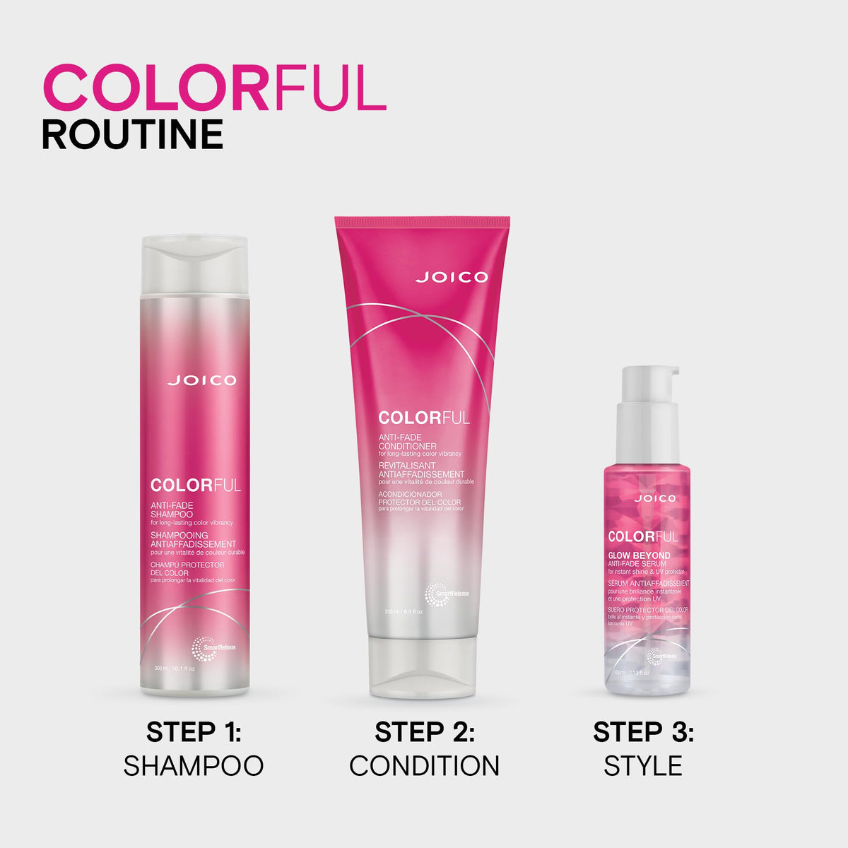 Joico bottle on bathroom shelf in routine setting promoting daily color care