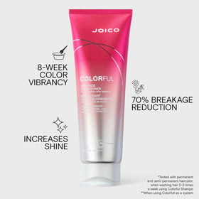 Joico label close-up with ingredient callouts, emphasizing camellia oil and pomegranate benefits