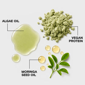 Moringa seed oil visual alongside the Joico tube highlighting nourishing ingredient for shine