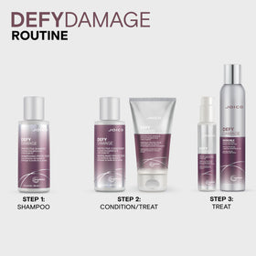 Joico Defy Damage shampoo on a bathroom counter staged for a daily haircare routine and color protection