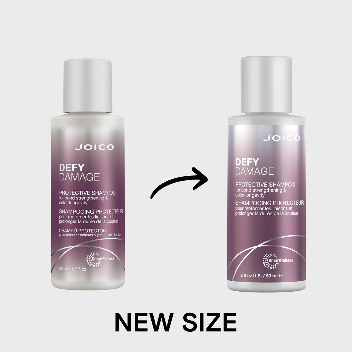 Joico Defy Damage 2 oz bottle next to a coin for scale to show compact travel-friendly size