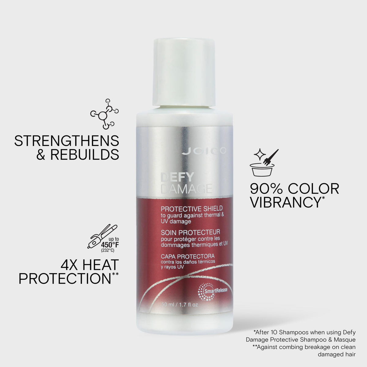Joico Defy Damage texture on hand illustrating lightweight protective finish