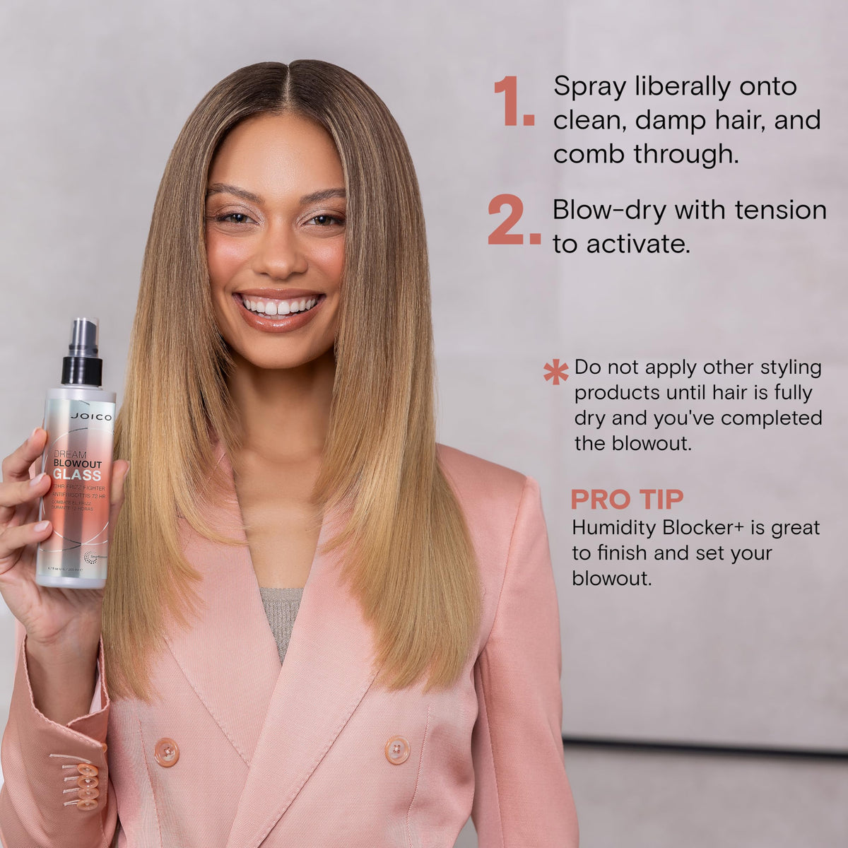 Joico lifestyle blowout scene with glossy hair, conveys long-lasting salon finish