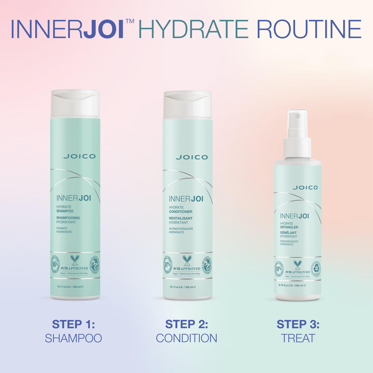 Joico InnerJoi bottle staged on bathroom shelf with towel, conveying daily routine ease