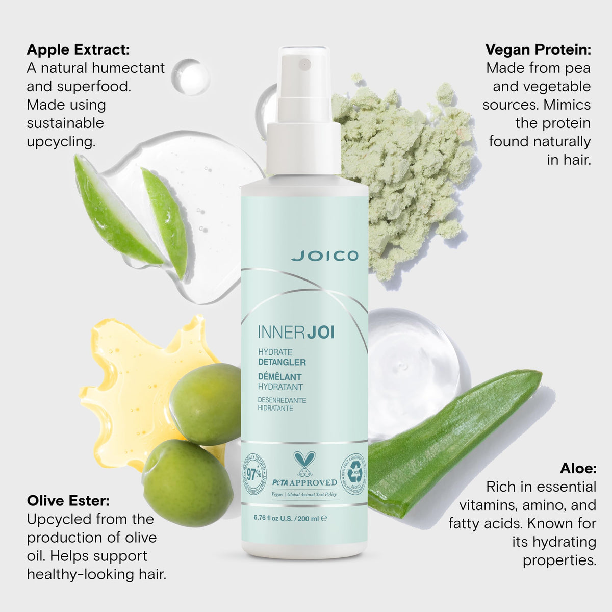 Joico InnerJoi mist on hair strands demonstrating immediate smoothing and slip