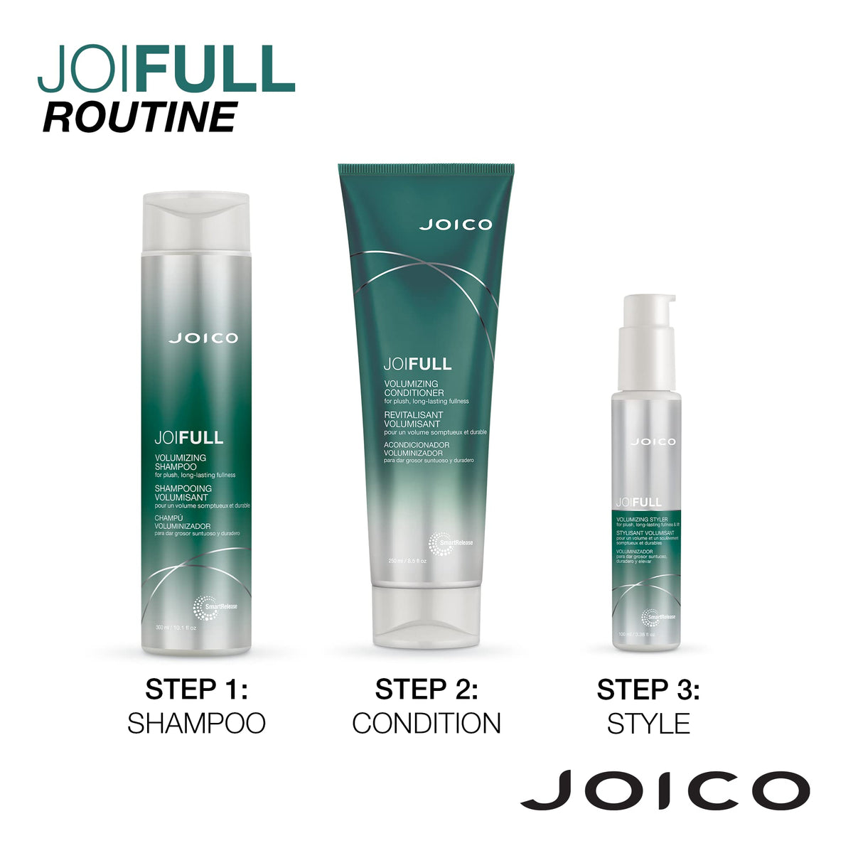 Joico JoiFULL bottles staged in bathroom for routine context