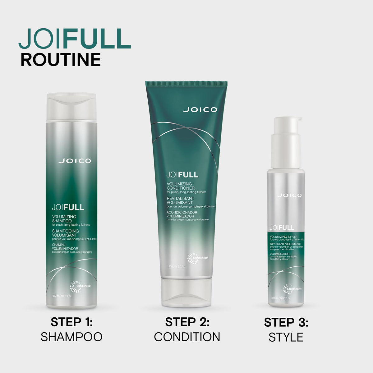 Joico JoiFULL on bathroom shelf in styling routine offering fuller hair preparation