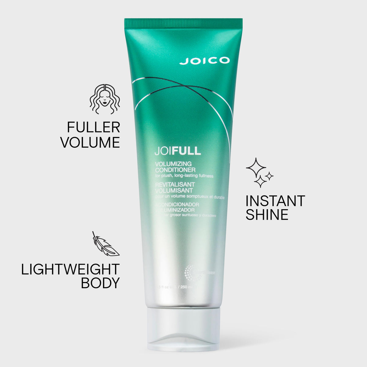 Joico JoiFULL pump and label detail highlighting ingredients and directions