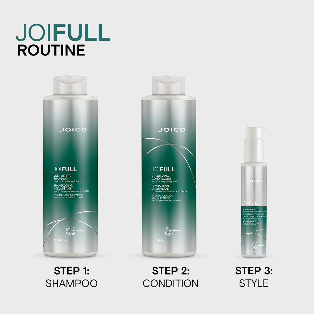 Joico JoiFULL beside a common object showing 3.38 fl oz size for travel-friendly use