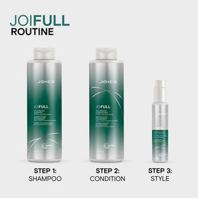 Joico JoiFULL beside a common object showing 3.38 fl oz size for travel-friendly use
