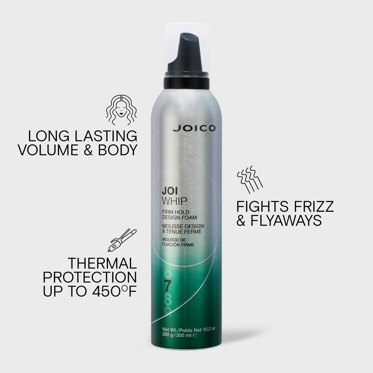 Joico JoiWhip in hand size scale illustrating 300mL travel-friendly convenience
