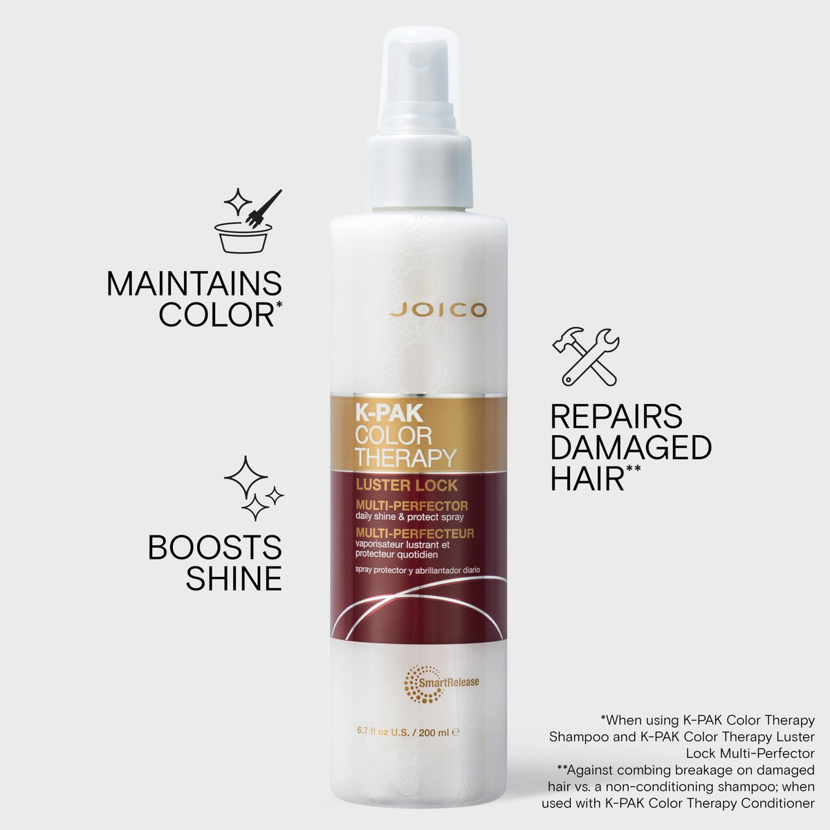 Joico K-PAK fine spray mist in hand demonstrating even, lightweight coverage benefit