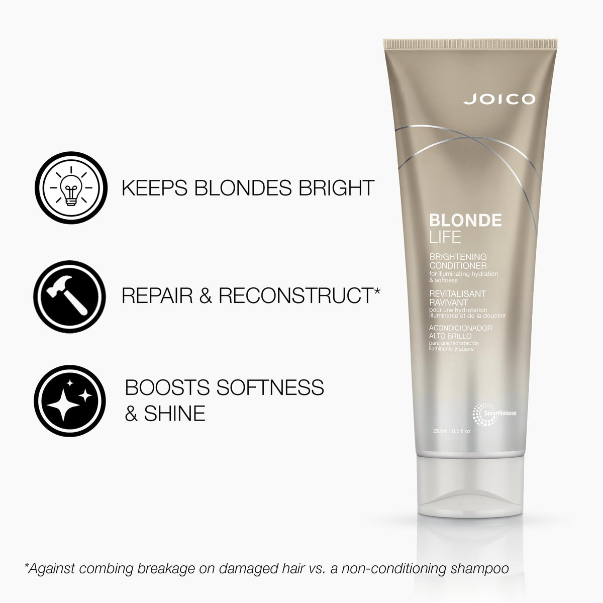 Joico label ingredients closeup highlighting key brightening benefit