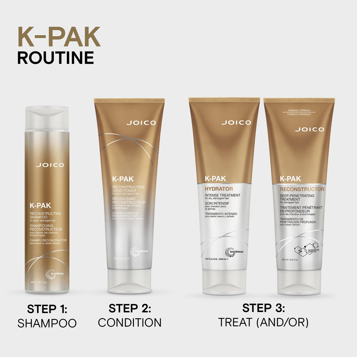 Joico on bathroom shelf in styled setting conveying healthy-looking hair